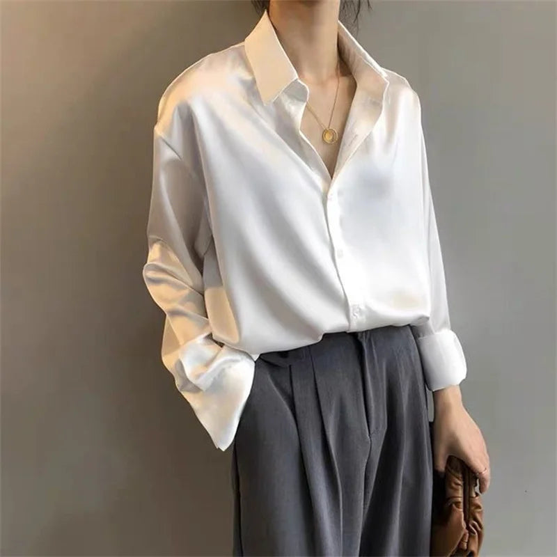 LuxeSpring Satin Button-Up Blouse